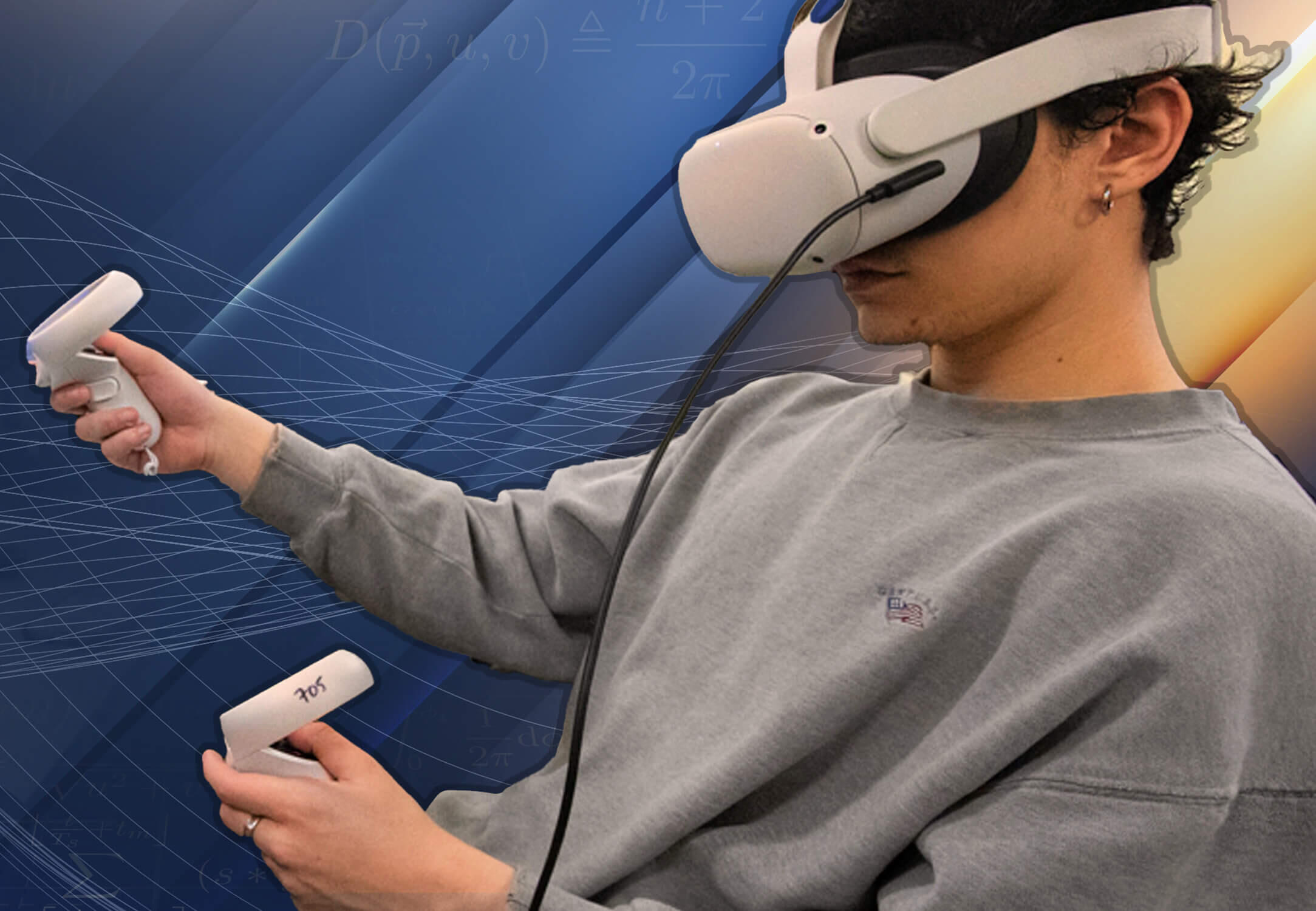 A person wearing VR headset and holding two handheld devices.