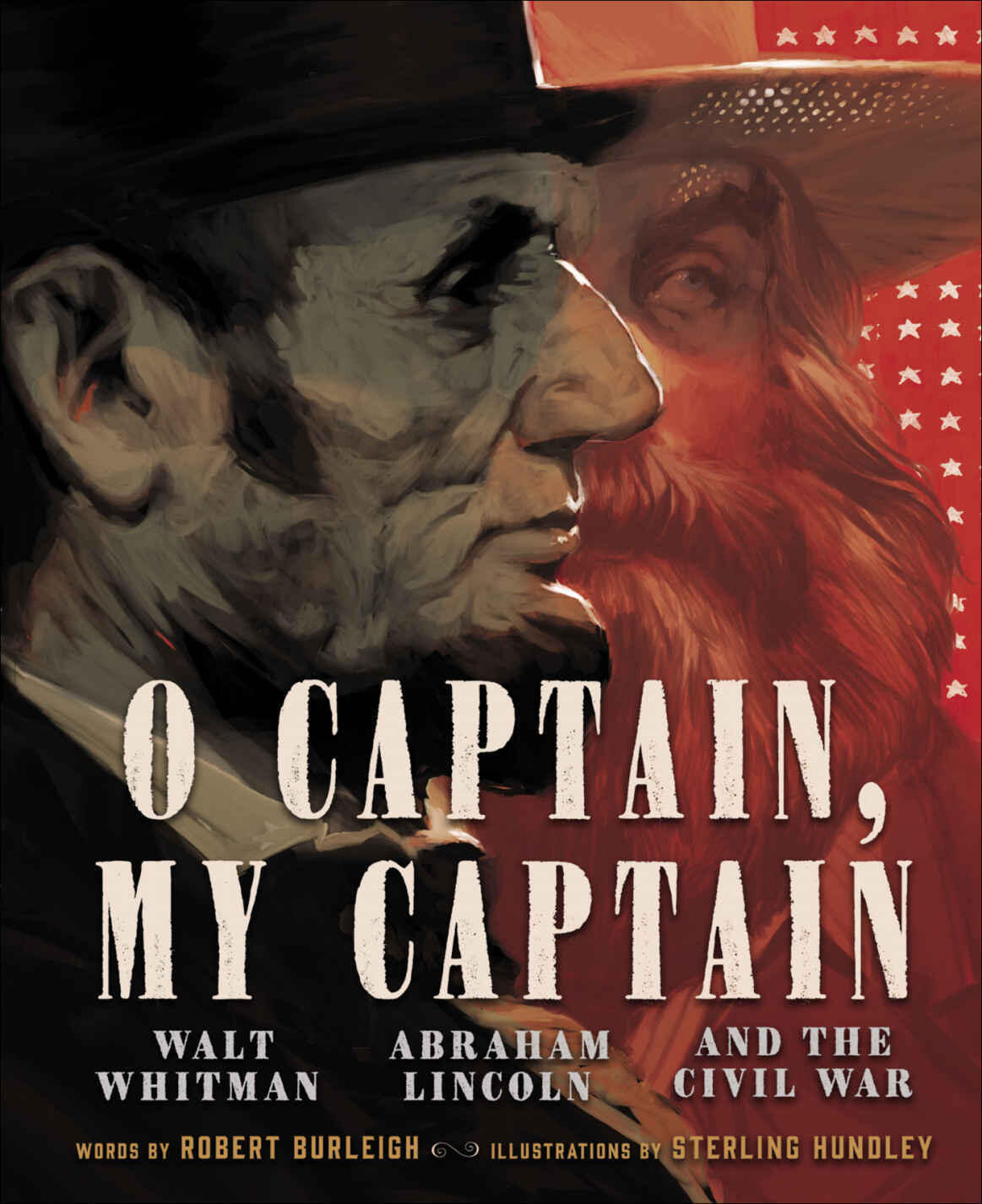 A book cover reading "O Captain, My Captian" Walt Whitman, Abraham Lincoln and the Civil War" with illustrations of Lincoln and Whitman.