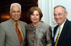 Richmond Mayor L. Douglas Wilder (left) and VCU President Dr. Eugene P. Trani convey personal congratulations to Eva S. Hardy, after she is recognized for years of public service. Hardy (center) once served on the VCU Board of Visitors.

Photo by Allen T. Jones, VCU Creative Services

