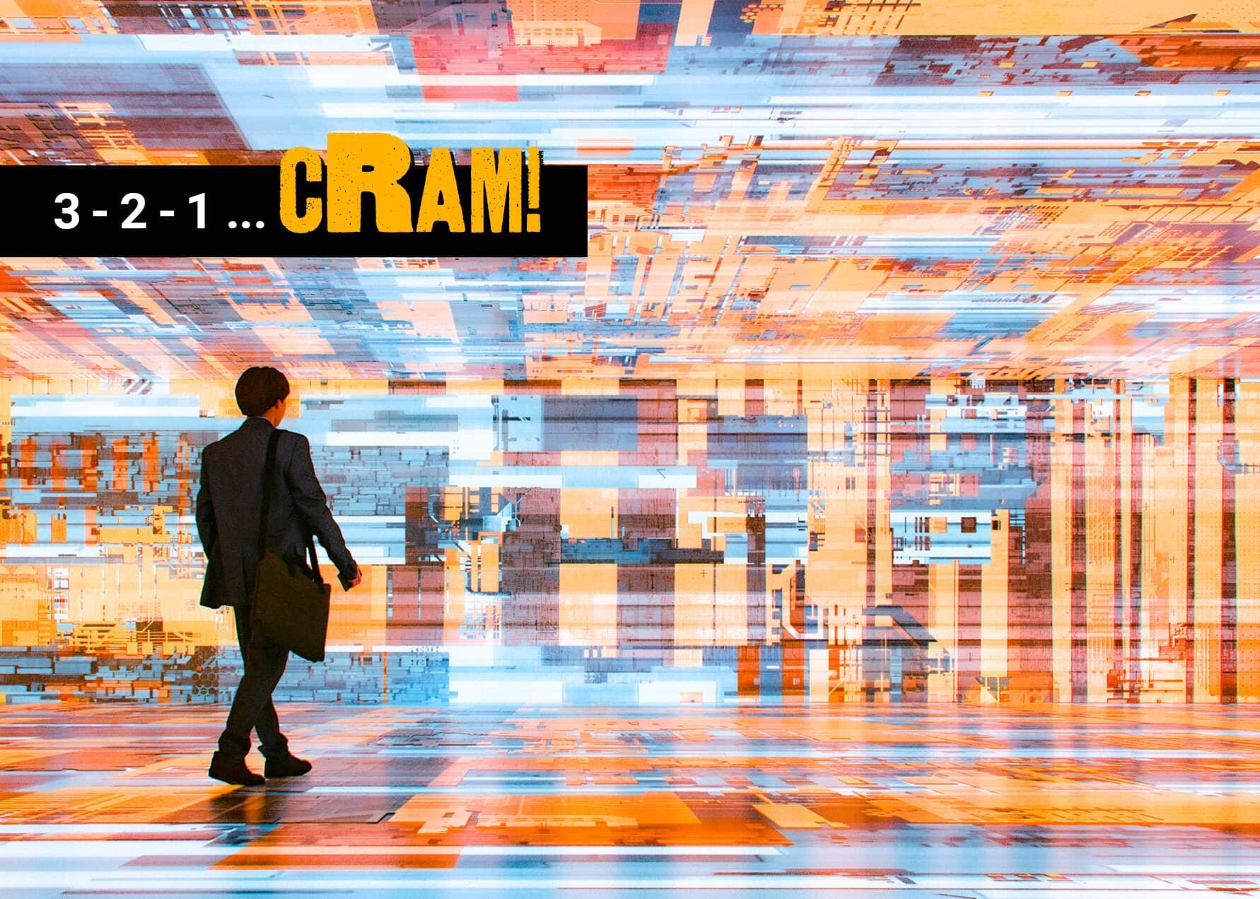 An illustration of a man wearing a suit walking through a background made of abstrat blue, orange, and brown rectangles and lines. A black rectangle in the corner says \"3-2-1 ...\" in white text and \"cRAM!\" in yellow text. 