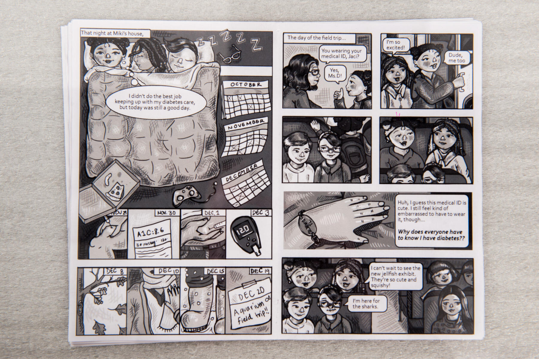 Pages from Lohitha Kethu’s graphic novel about a 10-year-old girl with Type 1 diabetes. 