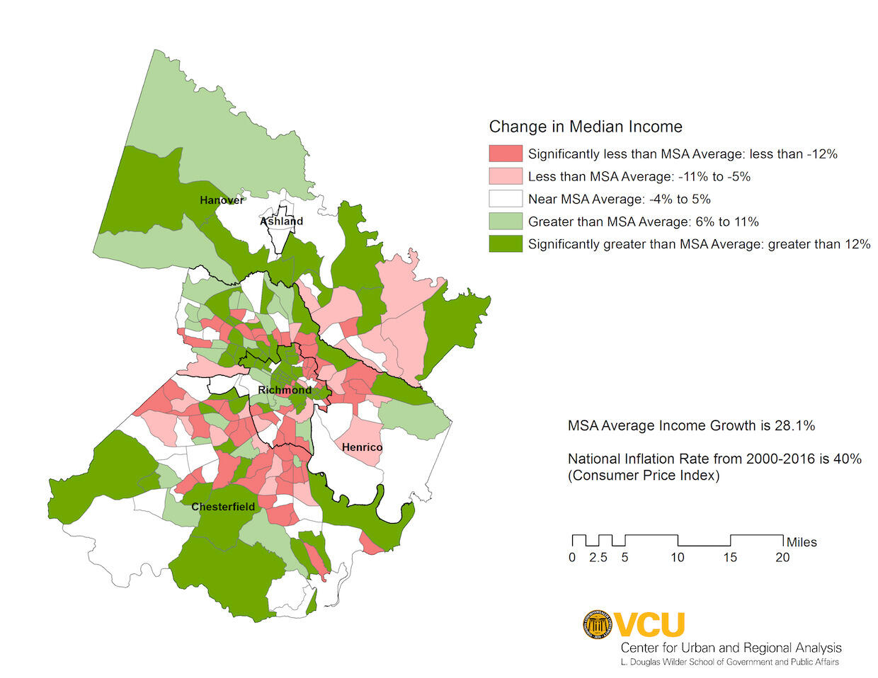 From 2000 to 2016, income growth in Richmond increased by 32.3 percent, compared to 29.5 percent and 26.2 percent, respectively, in neighboring Henrico and Chesterfield counties — the region’s traditional suburban centers of economically prospering households.