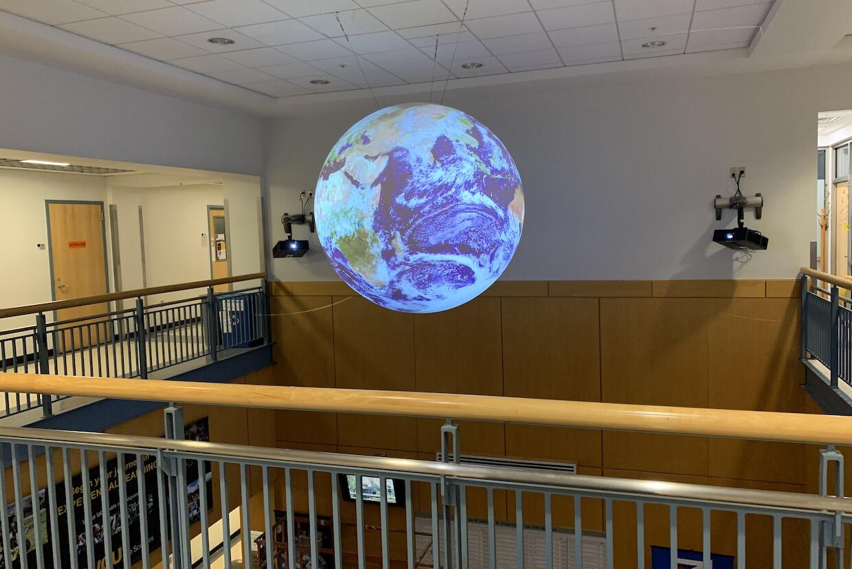 Science On a Sphere, hanging in the Trani Center foyer at VCU.