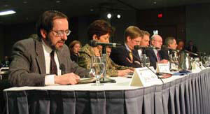 VCU mass media expert Dr. David Croteau (left) testifies at FCC hearing.

Photo by Mike Frontiero, University News Services