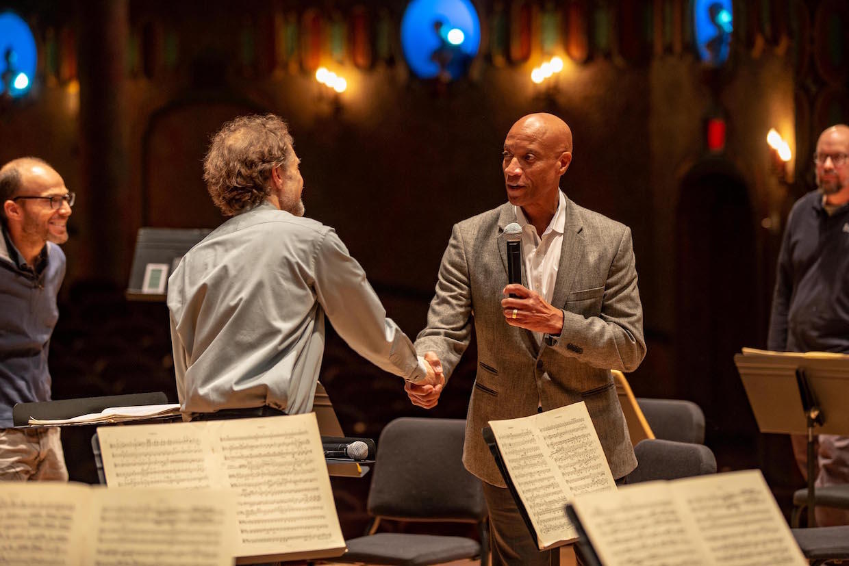 VCU School of Business Dean Ed Grier, right, and then-Richmond Symphony music director Steven Smith at the Dominion Energy Center for the Performing Arts in 2019