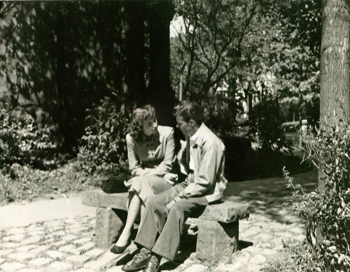 Jean Williams and Hugh Haskins outside the Scott House circa 1949.