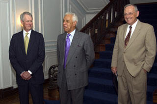 During his career Timmreck worked for four Virginia governors, including L. Douglas Wilder (center), before being recruited by VCU President Eugene Trani (right).. 