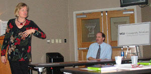 As part of the announcement of VCU's new community-based initiative, Dr. Kerry Strand (left) and Dr. Sam Marullo were featured guest speakers during a public lecture and workshops at VCU.

Photo by Malorie Janis, University News Services