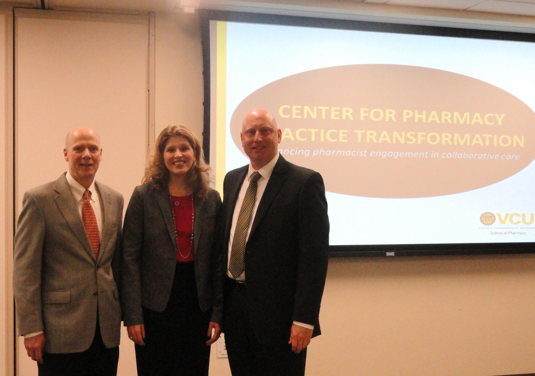 Joseph T. DiPiro (left), Pharm.D., dean of the School of Pharmacy, with Leticia Moczygemba (middle), Pharm.D., Ph.D., associate professor in the Department of Pharmacotherapy and Outcomes Science, and Donald Brophy, Pharm.D., professor and chairman in the Department of Pharmacotherapy and Outcomes Science, at the opening of the School of Pharmacy’s Center for Pharmacy Practice Transformation.
