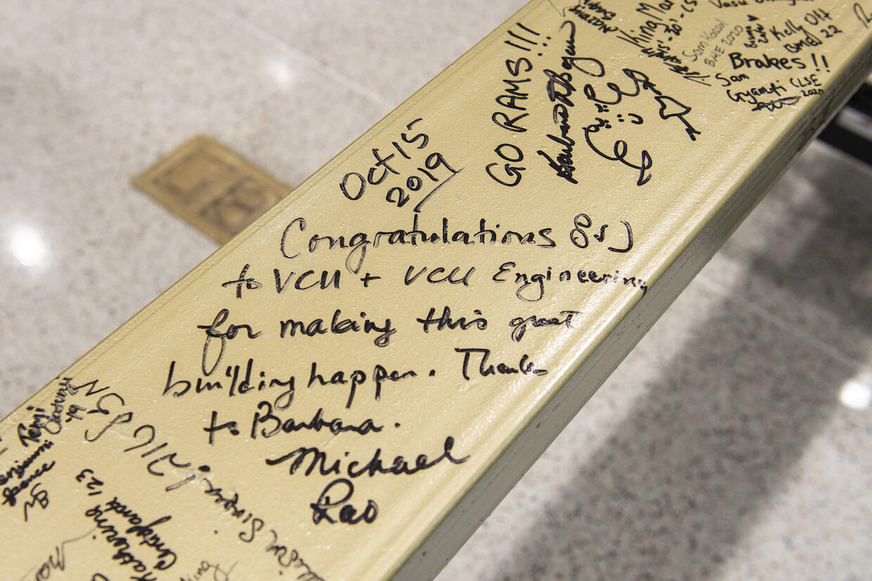 The VCU community signed the final beam that would "top off" the new Engineering Research Building under construction at Belvidere and Cary streets.