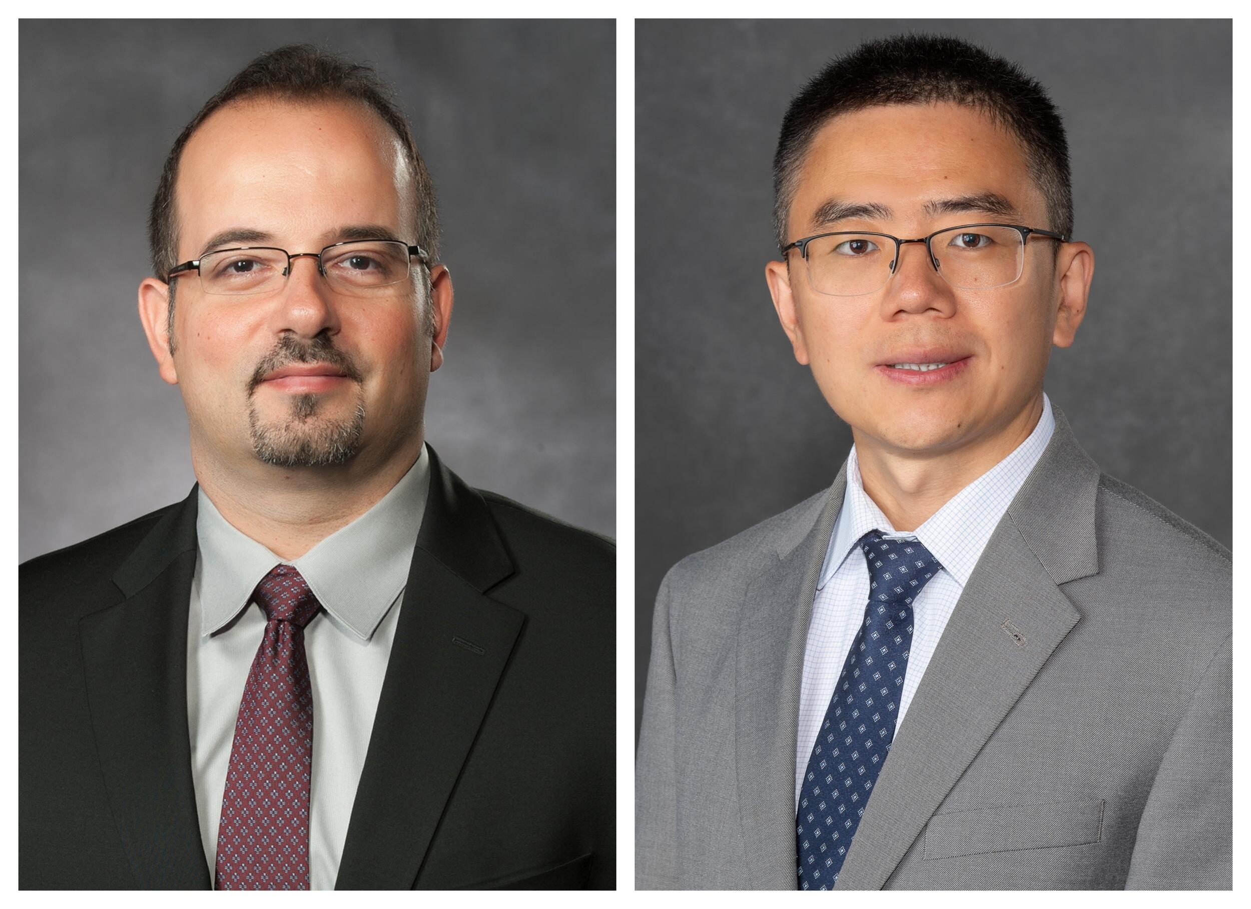 Two photos side by side of men wearing suits, ties, and glasses from the shouldrs up. 