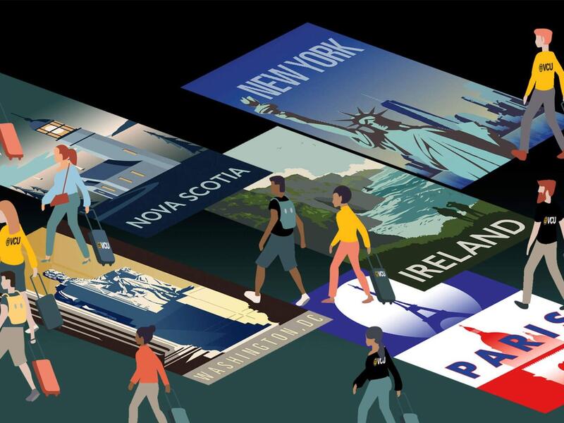 Illustration of people wearing VCU T-shirts and pulling suitcases as the walk across travel posters.
