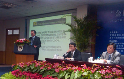 Blue Wooldridge, Ph.D., professor of public administration, L. Douglas Wilder School of Government and Public Affairs, delivers remarks at an international conference to consider governmental response to the global economic crisis. The conference took place Nov. 8 to Nov. 13 in Beijing and Nanning, China. Photo provided by Blue Wooldridge.