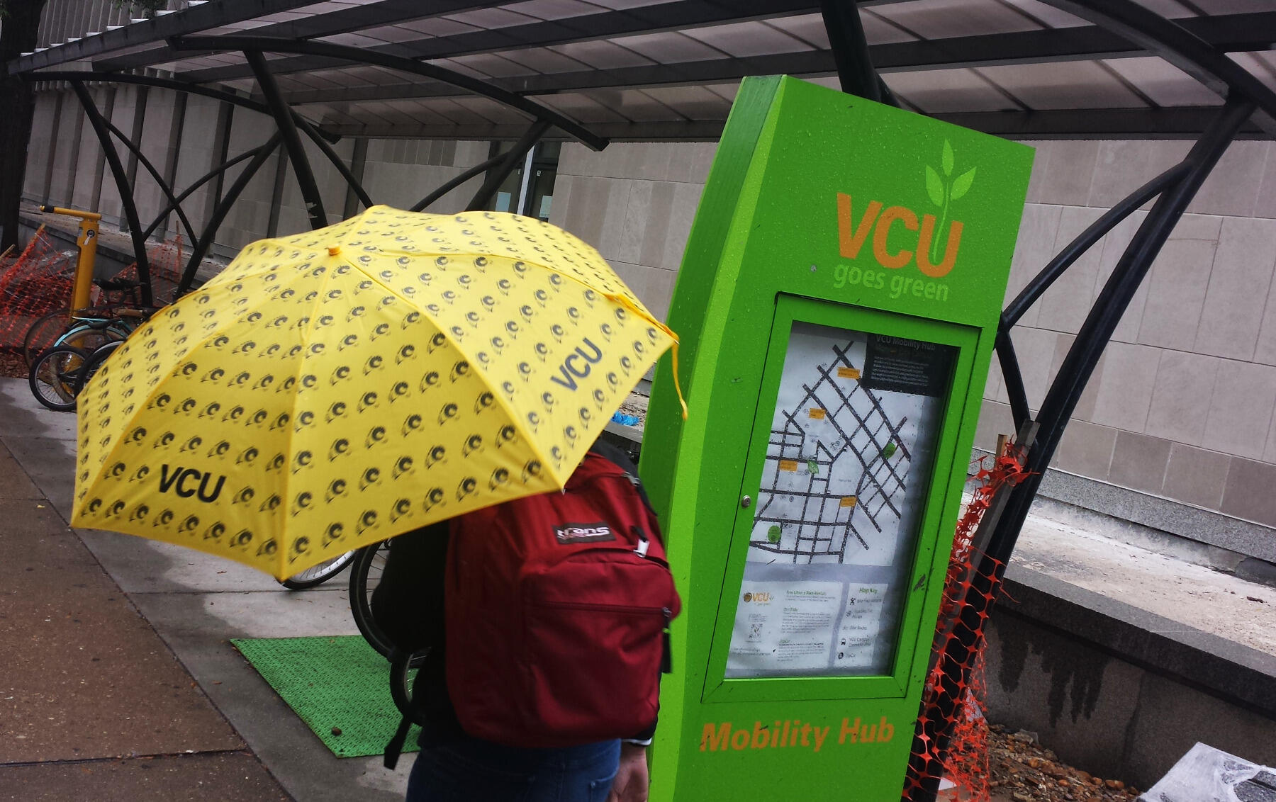 A VCU Mobility Hub near the James Branch Cabell Library, which features covered bike parking.