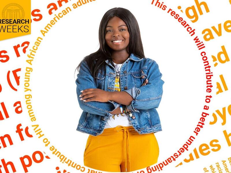 Woman wearing yellow pants and denim jacket standing with arms crossed. The following words circle her :This research will contribute to a better understanding contribute to HIB amoung young African American adults. A logo reading \"Research Weeks\" is in the upper left hand corner.