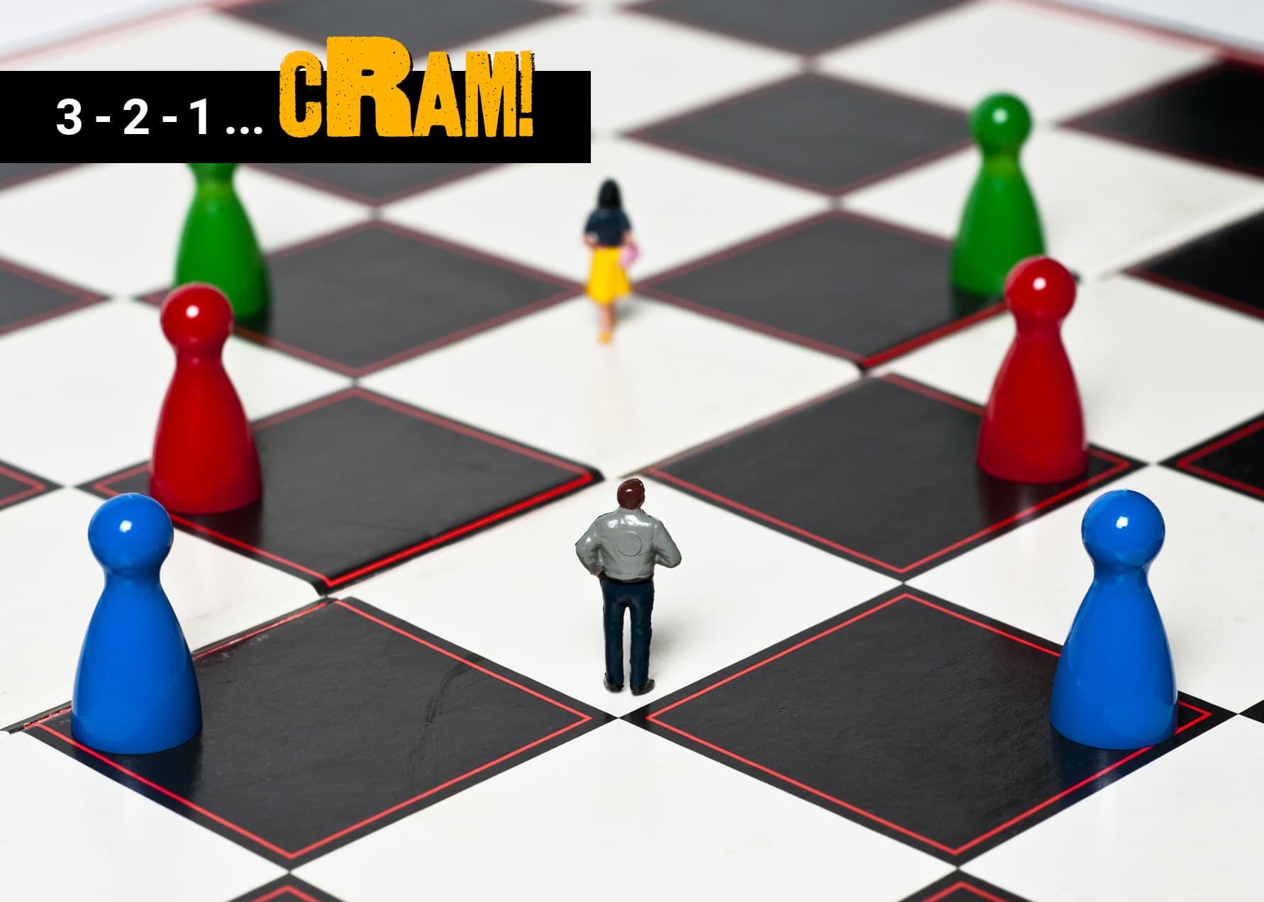 A 3D illustration of two people walking across a black and white game board with blue, red, and green playing pieces on either side of them. In the upper left corner is white and yellow text that reads \"3 - 2 -1 - cRAM!\" 