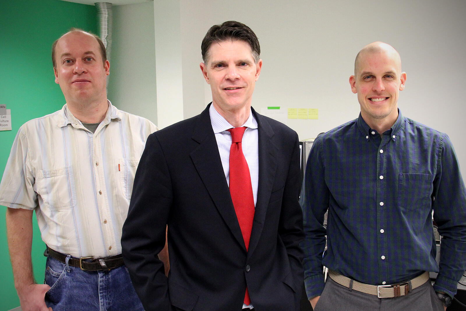 From left, Postdoctoral scholar Andrey Mikheykin, Ph.D., Reed and postdoctoral fellow Sean Koebley, Ph.D., worked together on the study.