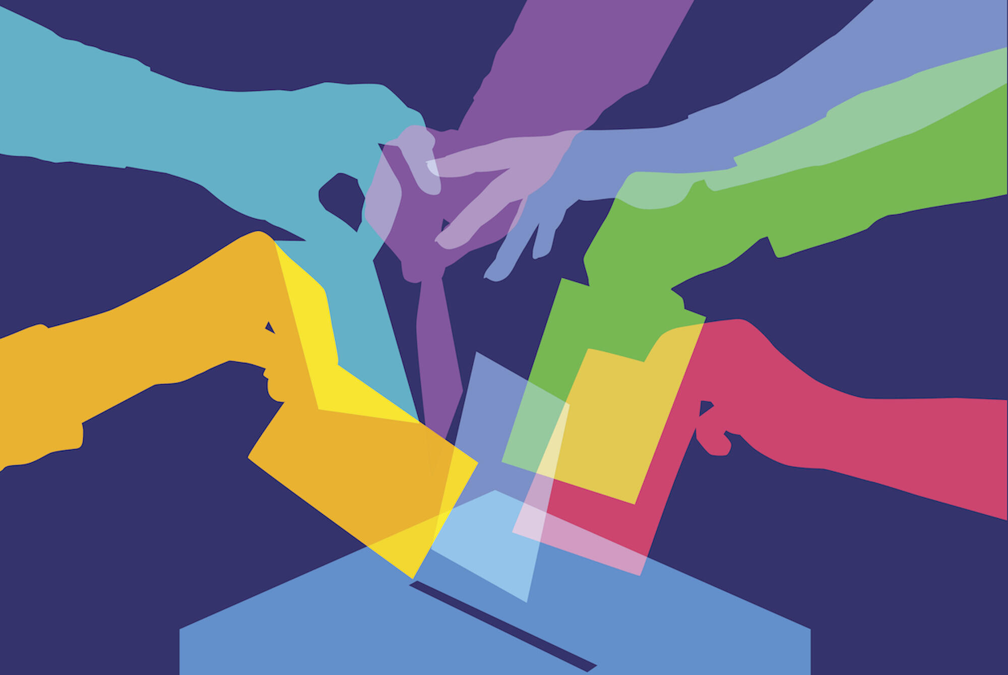 illustration of hands placing ballots in a box to vote