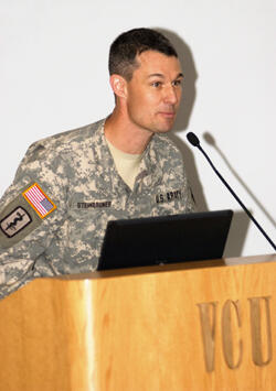 Capt. David Steinbruner shared a presentation on emergency medicine training and his experiences in Iraq during VCU’s emergency medicine grand rounds. Photo by Ash Daniel, VCU Creative Services