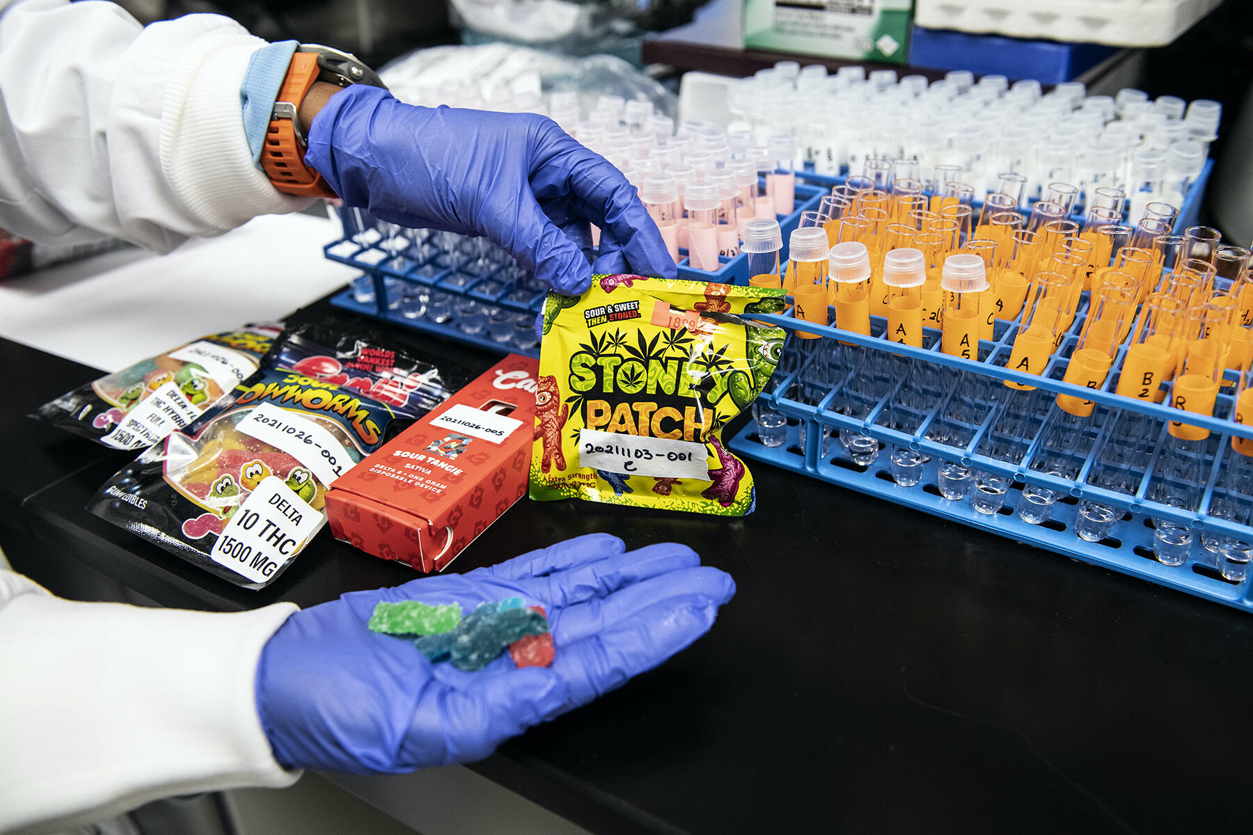 A stack of edibles on a table in Michelle Peace's lab.