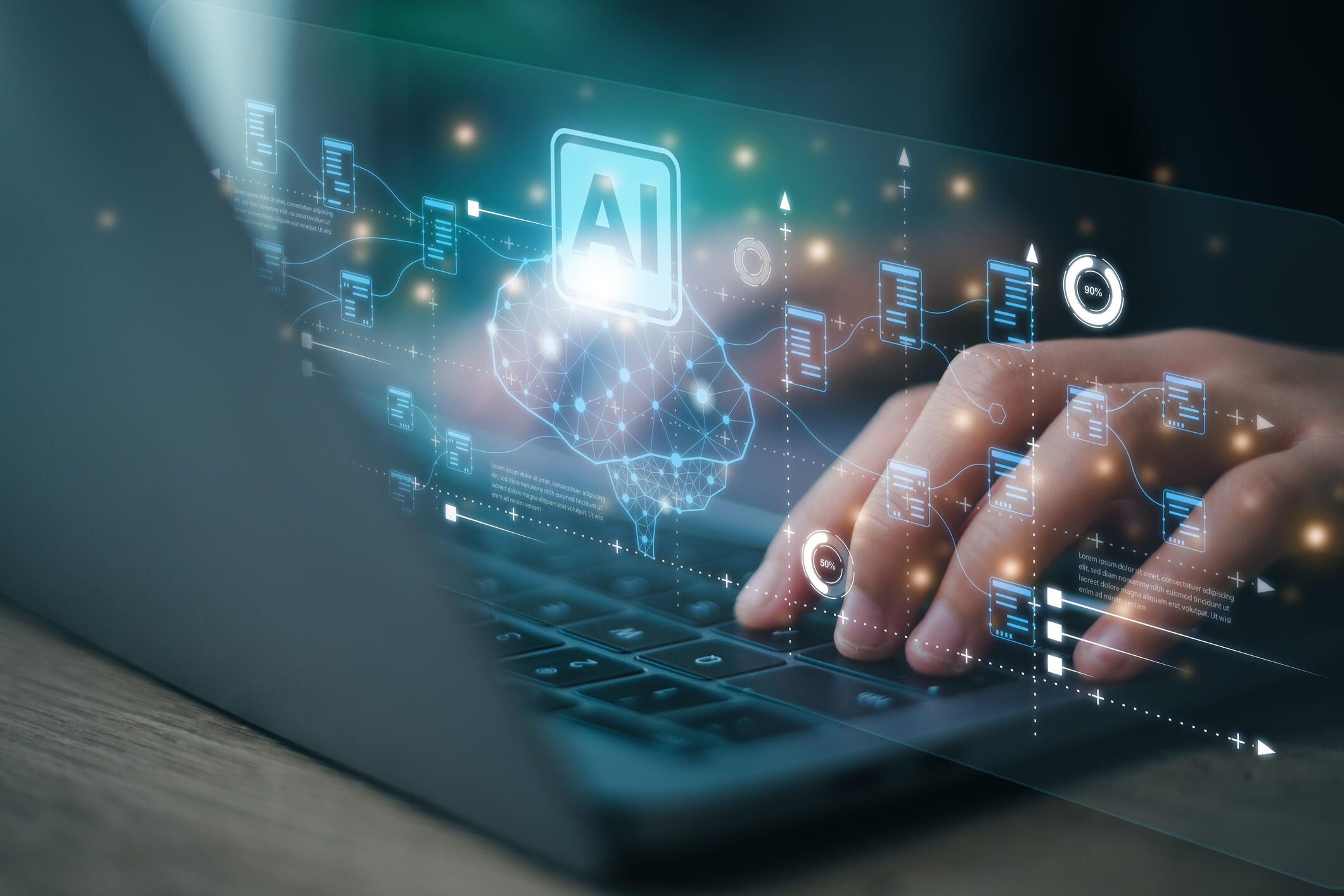 A hand types on a laptop with graphics visible of AI-related images.