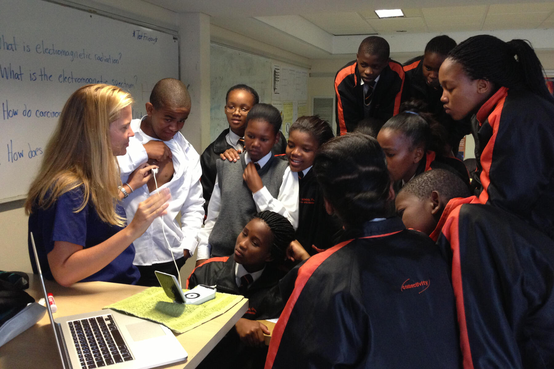 While in Cape Town, South Africa, to teach ultrasound to emergency medicine residents, Diegelmann also had the opportunity to teach local schoolchildren about medical technology.