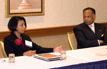 Elsie Scott, interim president and CEO of the Black Congressional Caucus Foundation, and the Rev. Dwight C. Jones, a member of the Virginia House of Delegates representing Richmond, served as panelists for the “Social Equity Solutions at the Federal, State and Local Levels” session.  Photo by Ash Daniel, VCU Creative Services