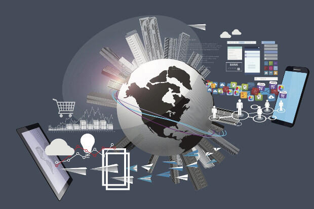 Illustration of items including technology devices, human figures and paper airplanes swirling around planet Earth.