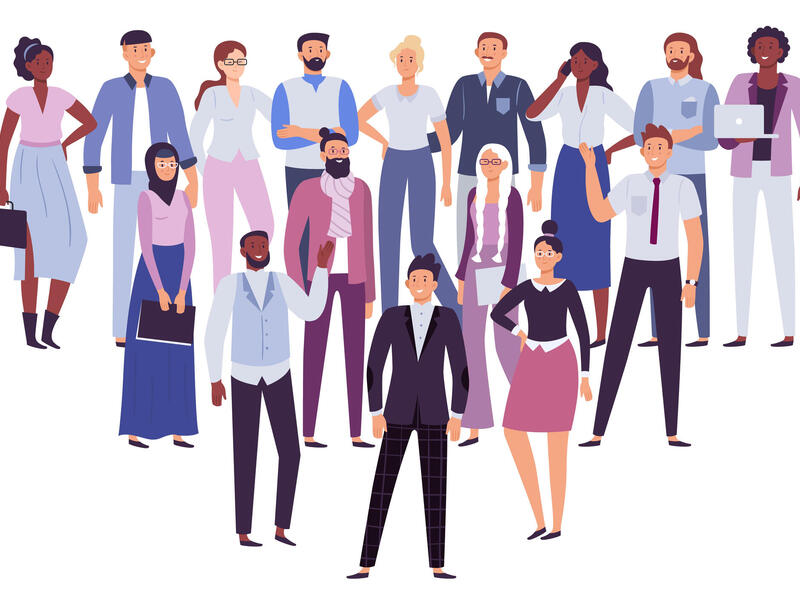 An illustration of a group of 16 people wearing business casual outfits. 
