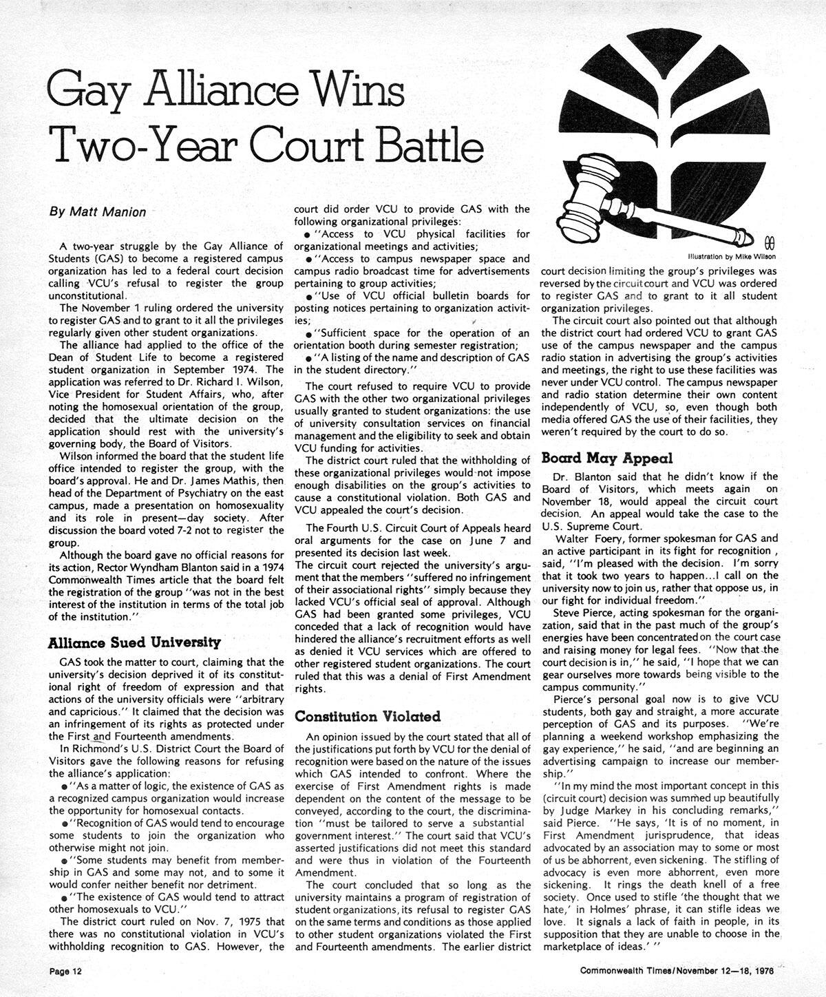 “Gay Alliance Wins Two-Year Court Battle”
<br>The Commonwealth Times, Nov. 12-18, 1976
<br>Source: VCU Libraries' Commonwealth Times Digital Collection