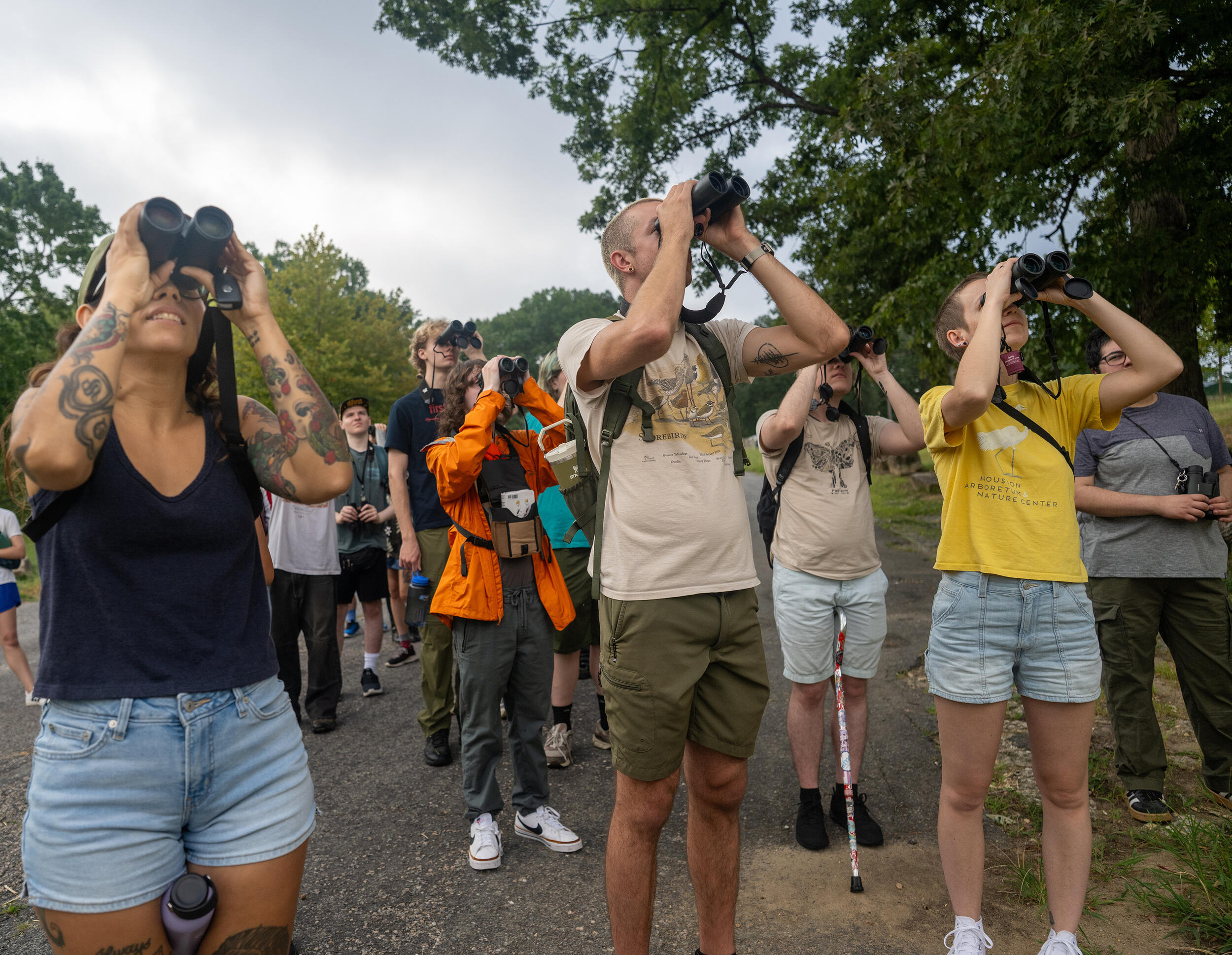 A photo of a group of poeple holding binoculars up to their face and looking upwards. Behind the group are trees. 