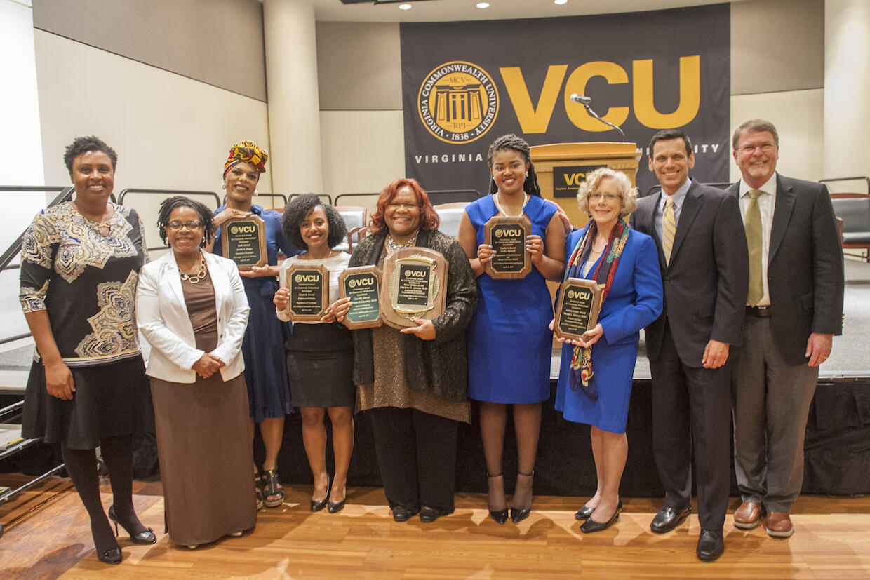 VCU President Michael Rao, second from right, with the 2017 PACME honorees and ceremony hosts. (Tom Kojcsich)