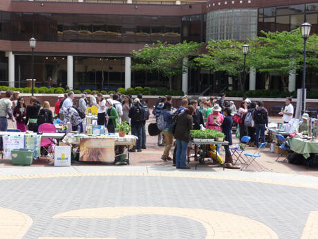 A lunchtime crowd gathers at the Commons Plaza to look over the displays. 