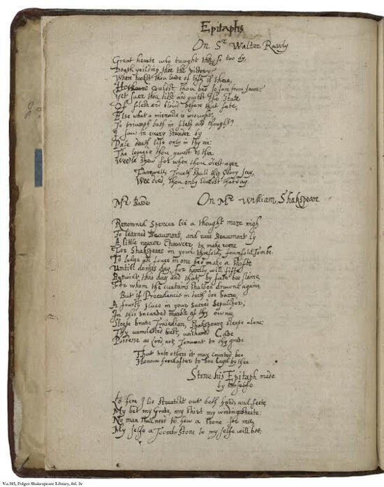 An image from one of the manuscripts - Folger Shakespeare Library V.a.103, fol. 3v - that will be transcribed at the upcoming “transcribathon.” It contains an epigraph written for Shakespeare.