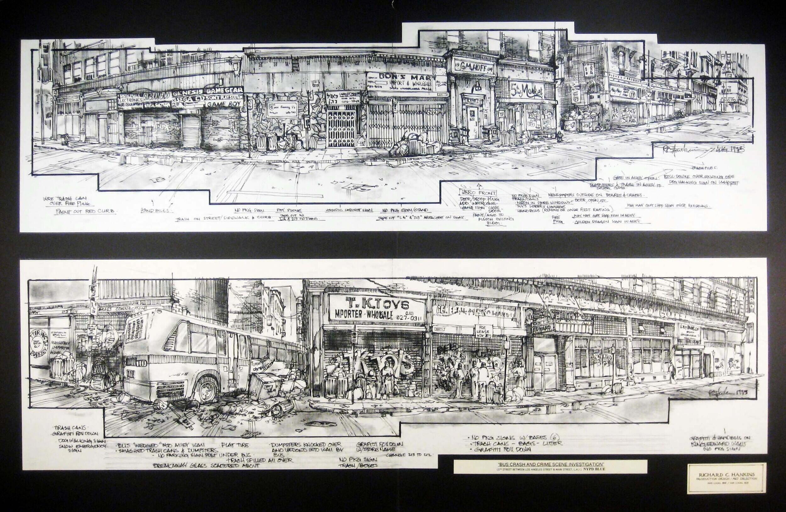Two black and white illustrations of city streets with text describing the sence underkneath. 