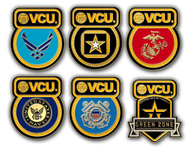 Proofs of the lapel pins VCU Military Student Services will distribute to faculty and staff military veterans who self-identify. (Courtesy of Military Student Services)