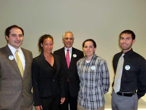 Planning professor John Accordino, Ph.D., center, is surrounded by the “final four” winners from the 2013 VCU Plan-Off competition: Matthew Ucci, Andrew-Nicole D. Pruett, Maria Altonen and Benjamin Camras.  