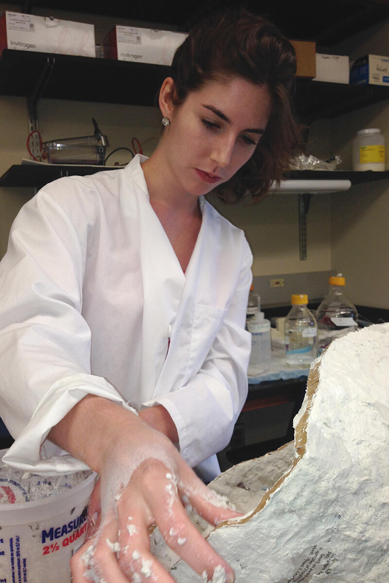 Caroline Bivens works on a three-dimensional representation of the inner parts of the mitochondria. 