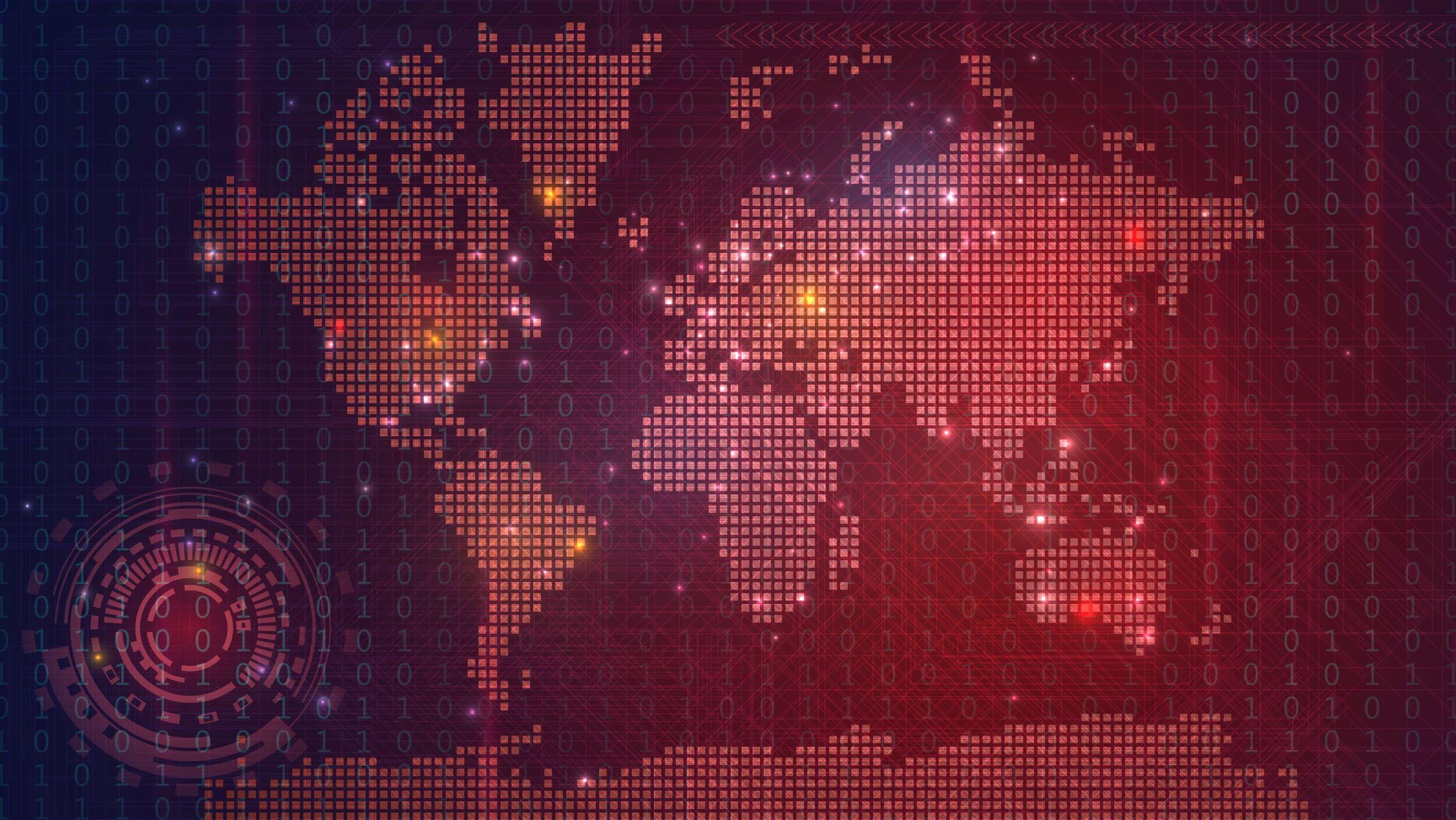 A map of the world made out of red dots that looks like it's part of a computer generated layout