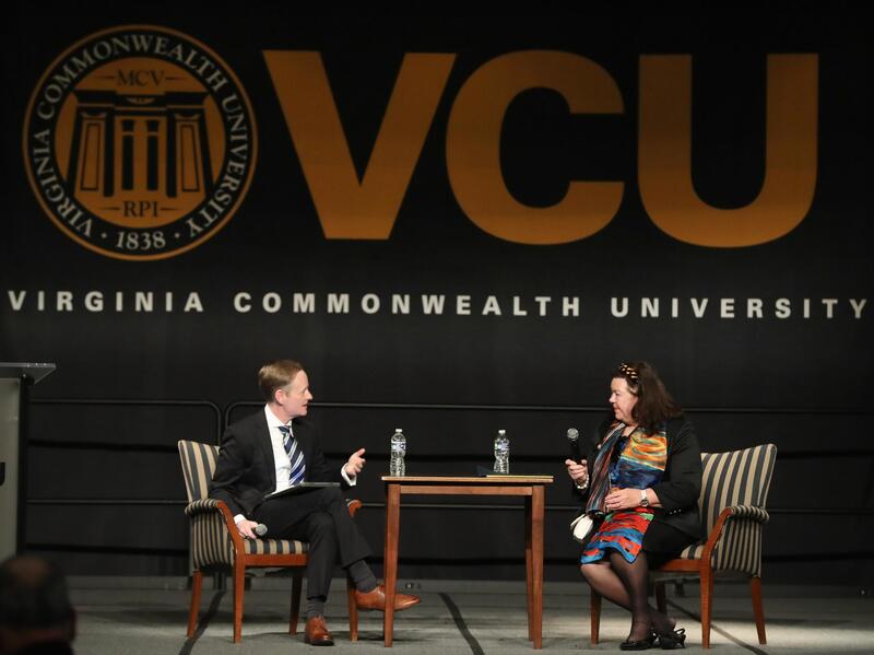 At right, Dame Karen Pierce, DCMG, British Ambassador to the United States, speaks with Chris Burdett, Ph.D., an assistant professor in the Department of Political Science at the VCU College of Humanities and Sciences, at the "Democracy and Diplomacy: Cultivating Our Future" event on Monday in the Commonwealth Ballroom at VCU's University Student Commons. (Joe Mahoney, L. Douglas Wilder School of Government and Public Affairs at VCU)
