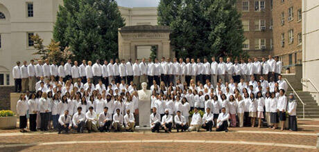 Members of the VCU School of Medicine’s Class of 2009 gathered to display their new white coats, which symbolize the beginning of their medical education.

Photo by Allen Jones, VCU Creative Services
