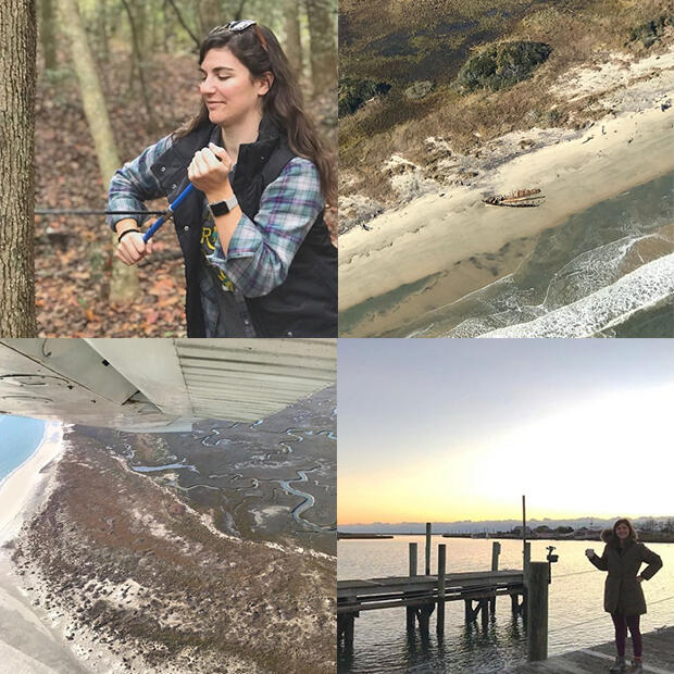 (clockwise from top left) Lauren Wood coring a tree; an aerial shot of a shipwreck washed up on the beach; Lauren standing on a dock in Oyster, Virginia; and an aerial view of a barrier island off of the coast of Virginia.