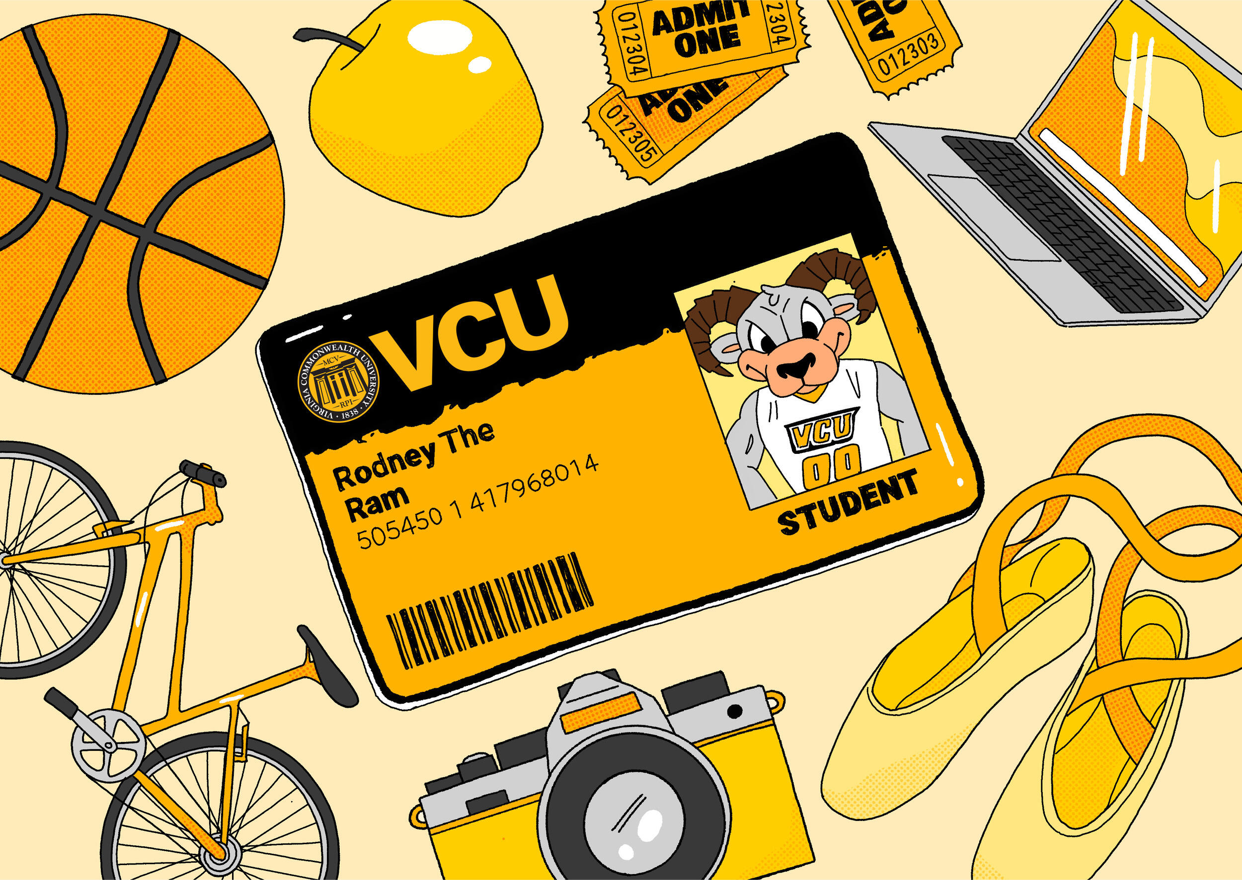 An illustration of a VCU ID card with Rodney the Ram on it. Around the card are a bicycle, a camera, a pair of ballet slippers, a laptop, three admission tickets, an apple, and a basketball.