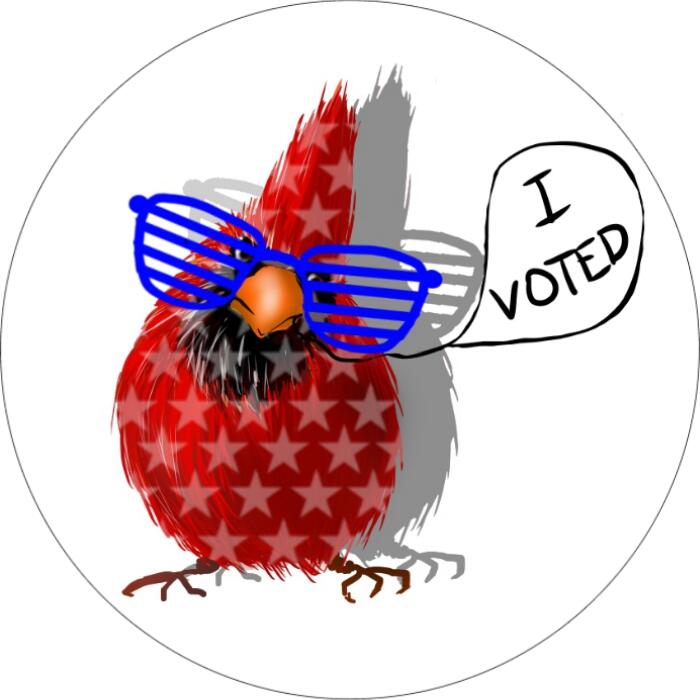 An illustration of a robbin with starts over it's body and wearing blue glasses. In a text bubble the robbin says \"I VOTED\" 