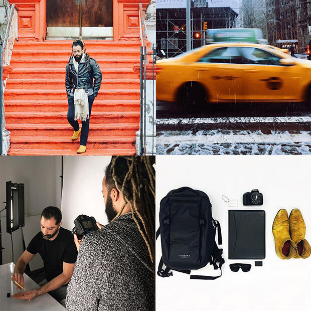  (clockwise from top left) Marshall Roach; a New York City taxi in the snow; Marshall's backpack and the items he keeps in it; and Marshall taking a photo of a beauty product.
