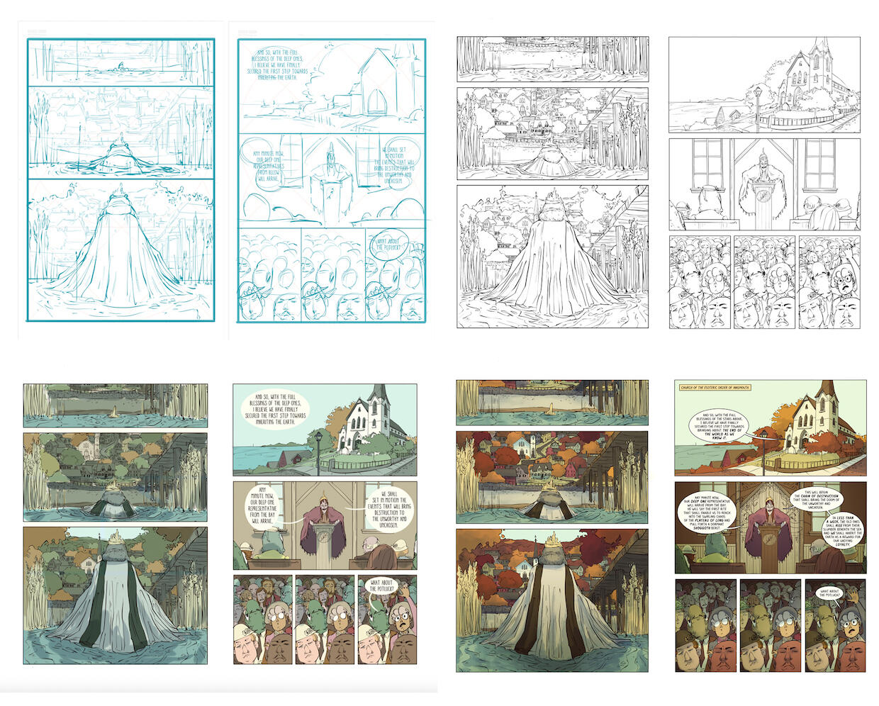 Samples of James' illustrations at various stages of development.