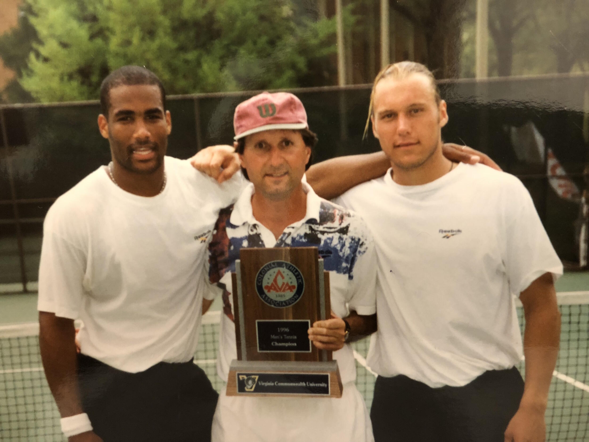 Boris Kodjoe with VCU tennis coach Paul Kostin (center) and frequent doubles partner Jonas Emblad in his playing days. (Photo courtesy of Jonas Elmblad)